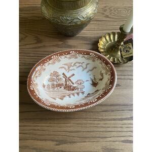 Vintage Brown Transfer Ware Serving Bowl Holland Windmill Japan